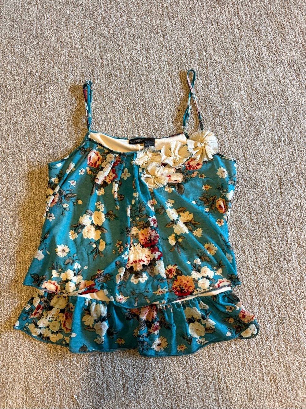 Daytrip Teal Floral Spaghetti Strap Ruffle Tank
